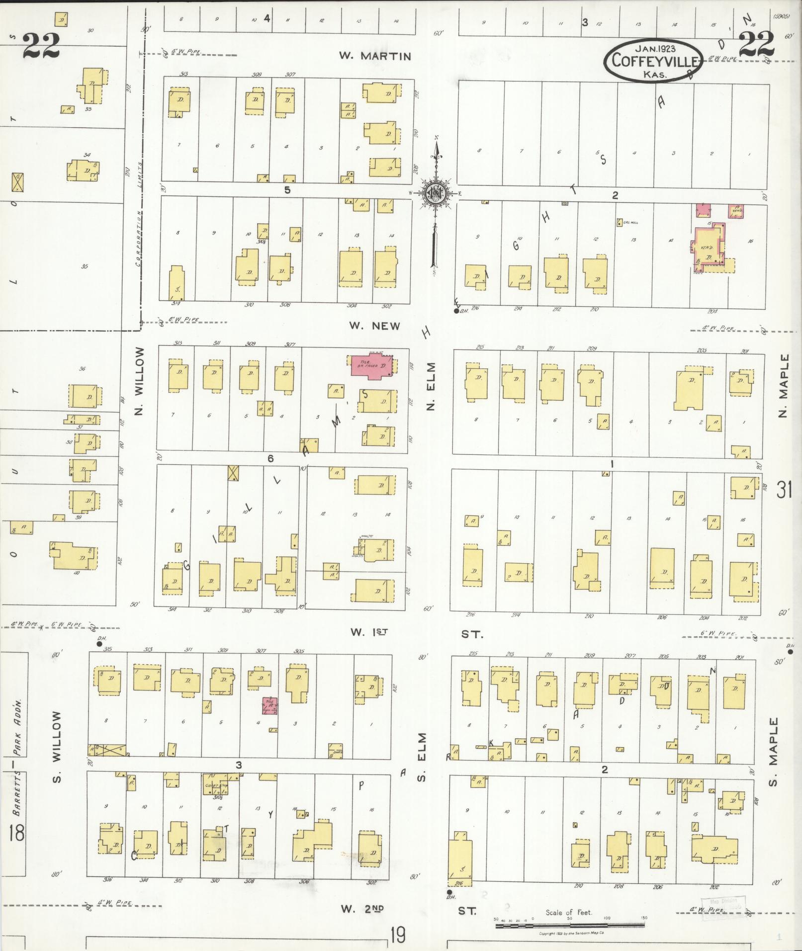 Sanborn Fire Insurance Map from Coffeyville, Montgomery County, Kansas (1923), Sheet #0022 - Historic Sanborn Fire Insurance Map Print, vintage old map wall art, antique decor, genealogy gift, Kansas Kansas map
