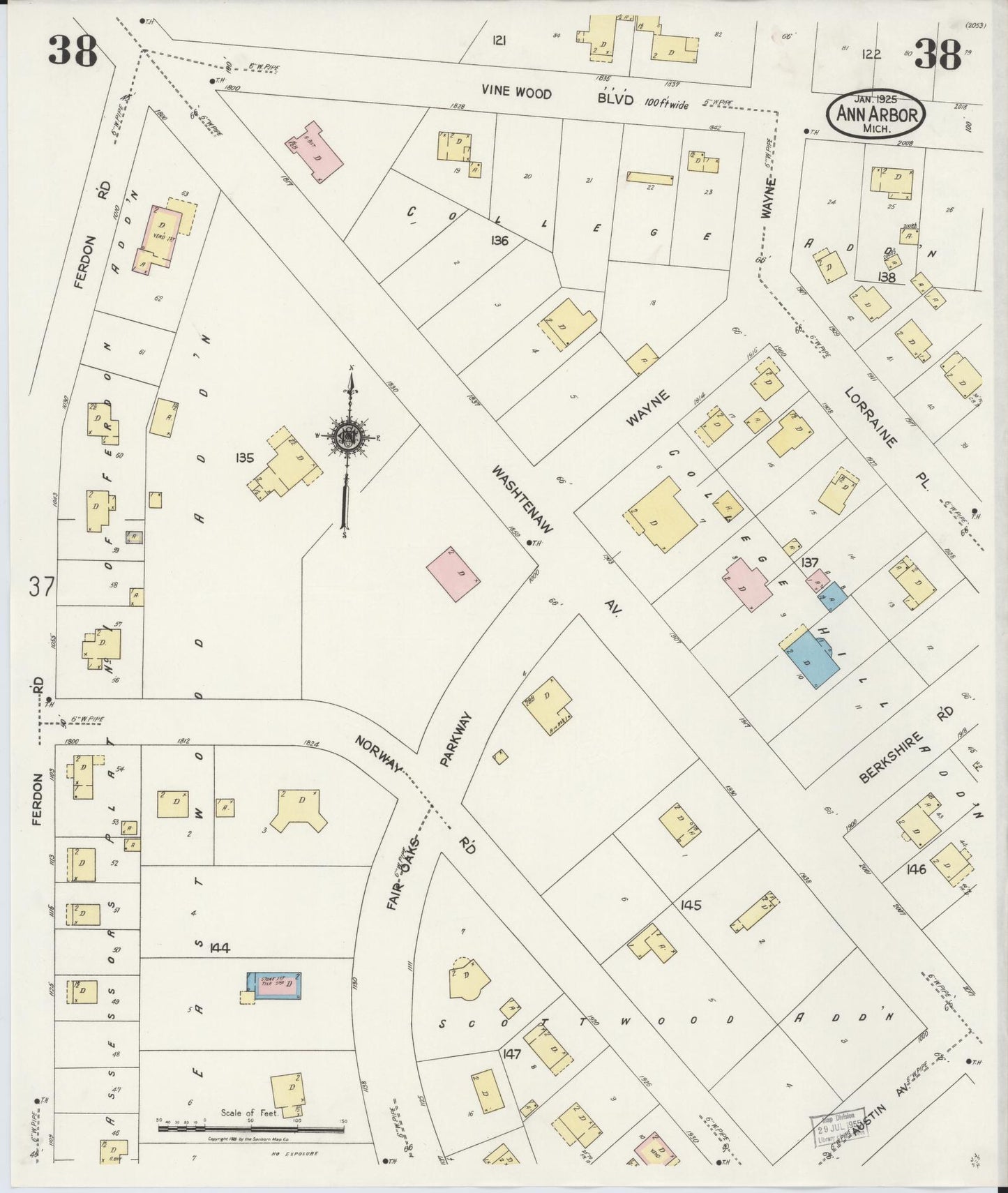 Sanborn Fire Insurance Map from Ann Arbor, Washtenaw County, Michigan (1925), Sheet #0038 - Historic Sanborn Fire Insurance Map Print, vintage old map wall art, antique decor, genealogy gift, Michigan Michigan map