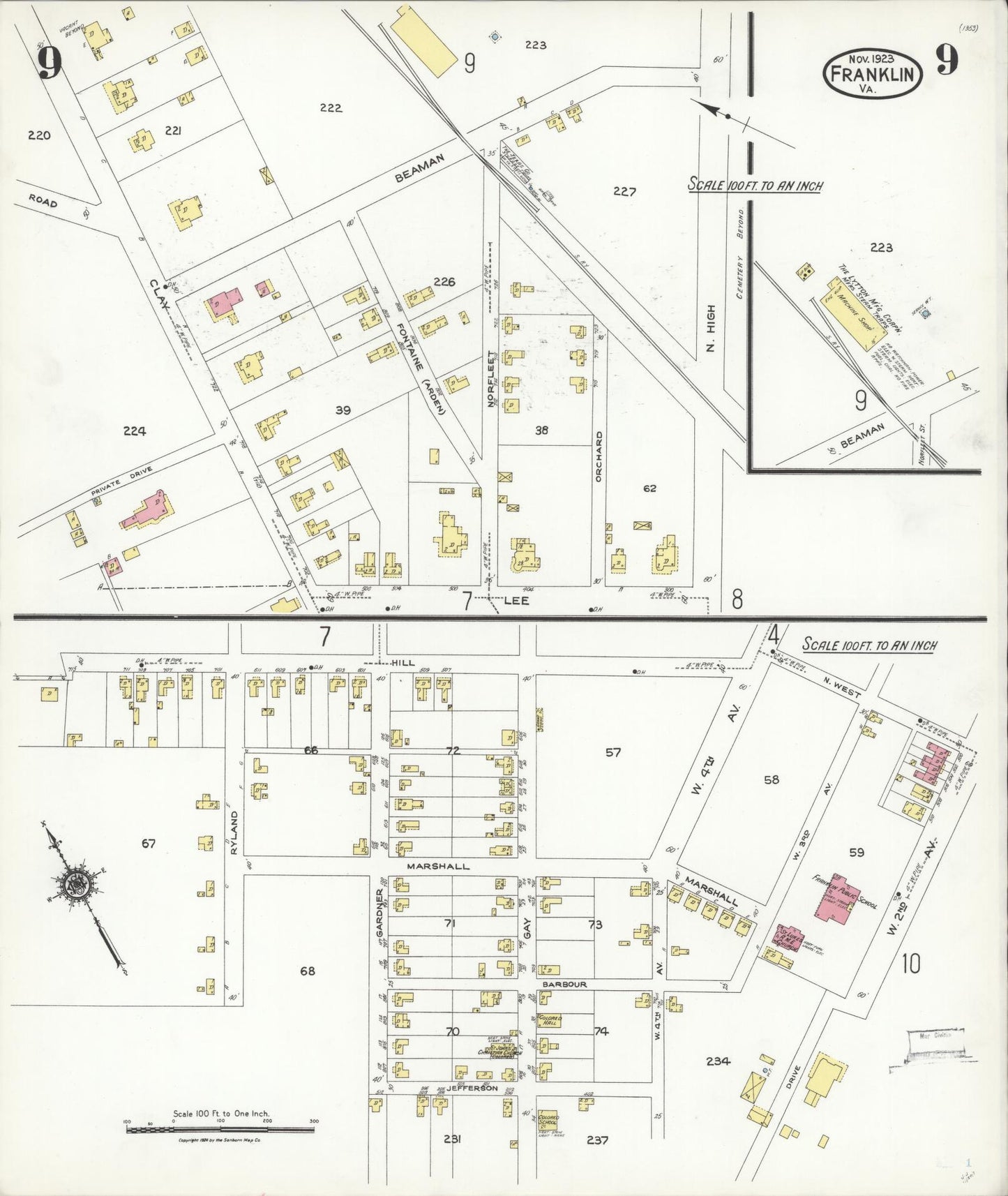 Sanborn Fire Insurance Map from Franklin, Independent Cities, Virginia (1923), Sheet #0009 - Complete Map Set gallery image, historic Sanborn map, vintage wall art, Virginia Virginia