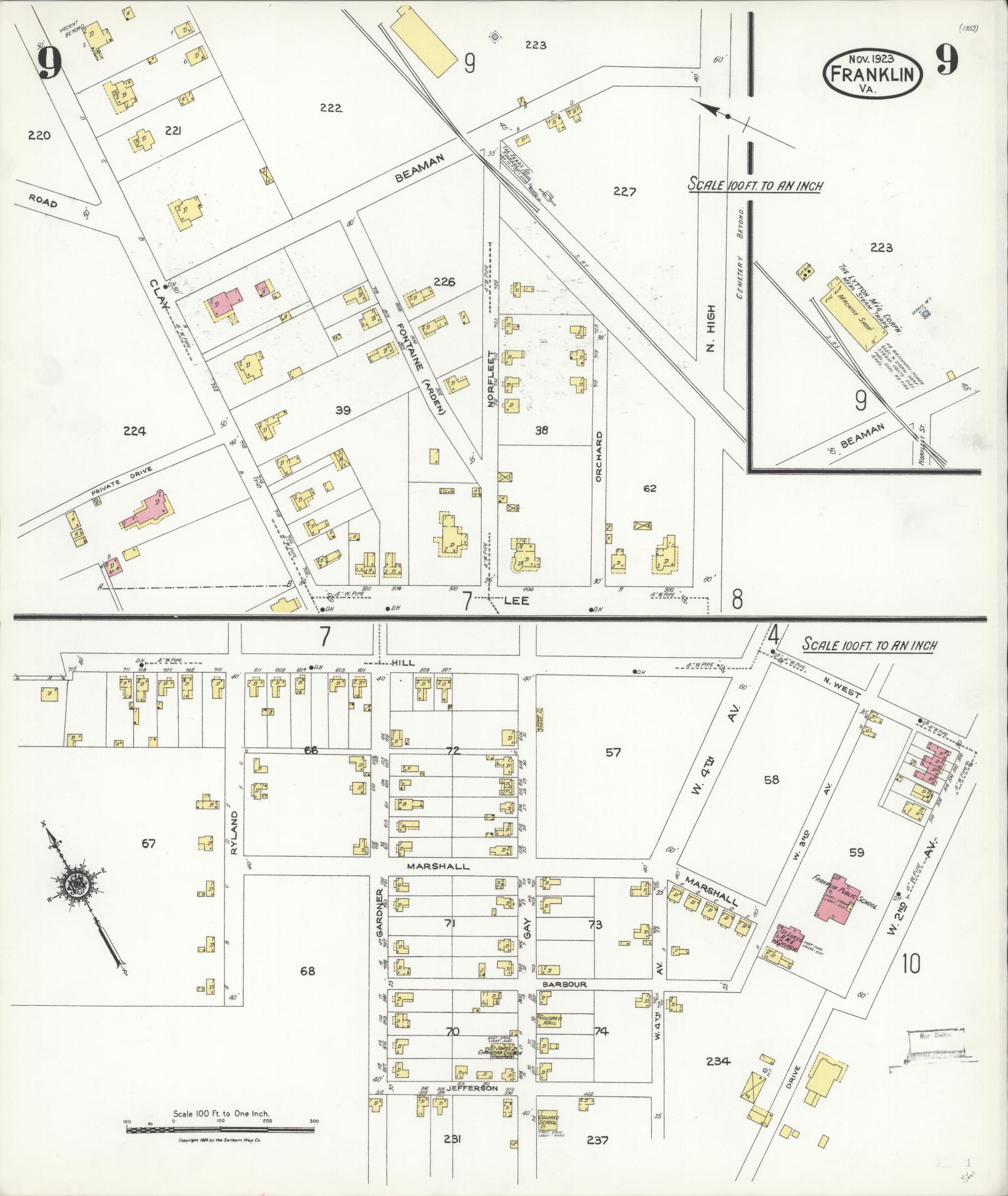 Sanborn Fire Insurance Map from Franklin, Independent Cities, Virginia (1923), Sheet #0009 - Complete Map Set gallery image, historic Sanborn map, vintage wall art, Virginia Virginia