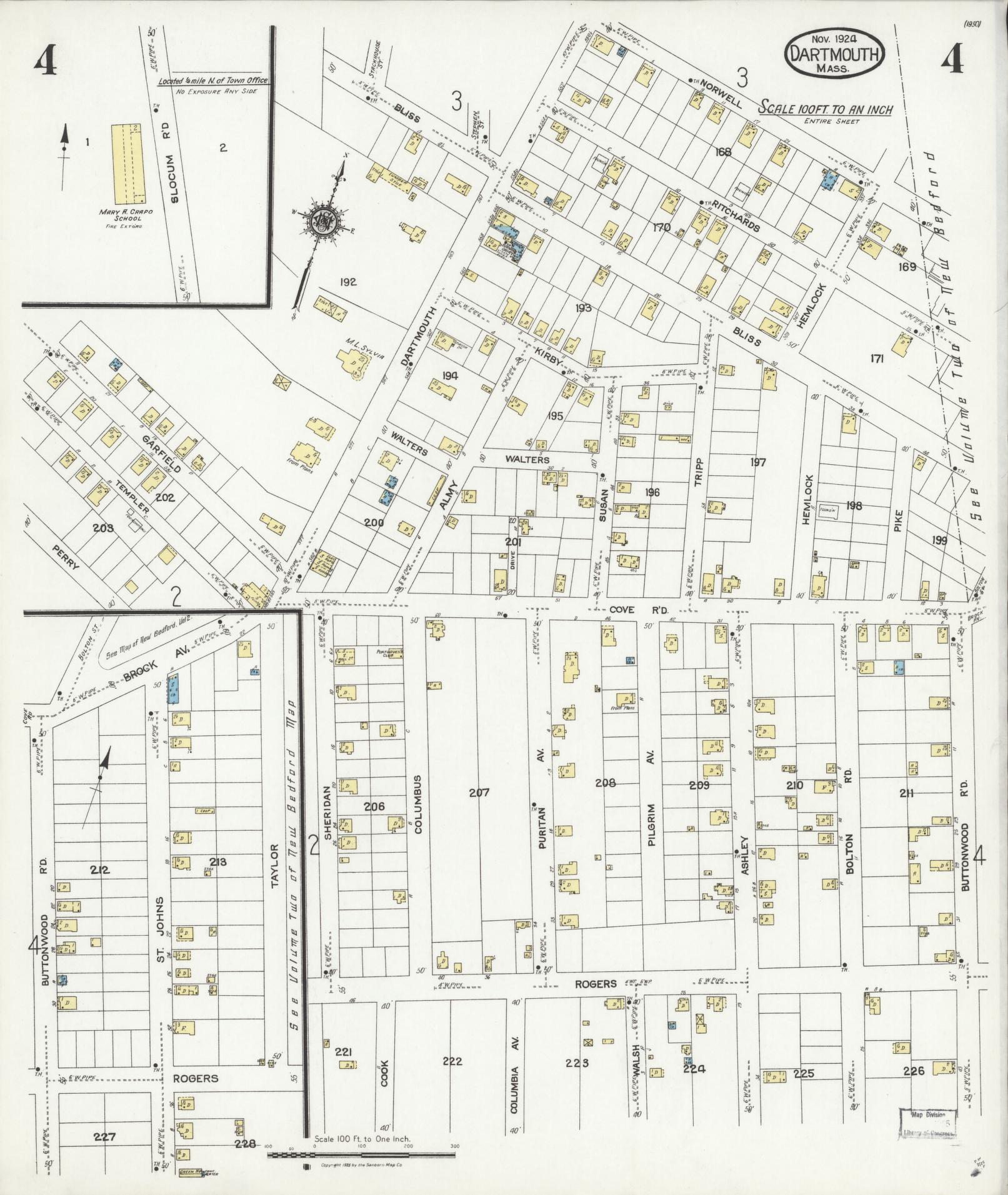 Sanborn Fire Insurance Map from Dartmouth, Bristol County, Massachusetts (1924), Sheet #0004 - Historic Sanborn Fire Insurance Map Print, vintage old map wall art, antique decor, genealogy gift, Massachusetts Massachusetts map