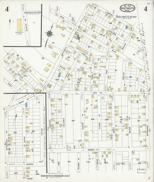 Sanborn Fire Insurance Map from Dartmouth, Bristol County, Massachusetts (1924), Sheet #0004 - Historic Sanborn Fire Insurance Map Print, vintage old map wall art, antique decor, genealogy gift, Massachusetts Massachusetts map