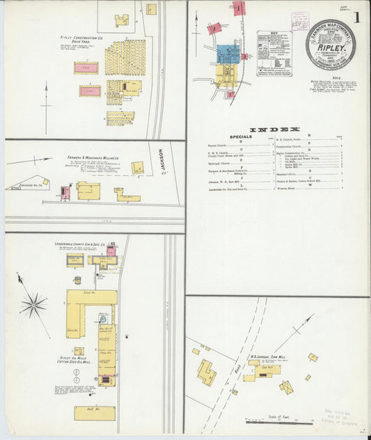 Sanborn Fire Insurance Map from Ripley, Lauderdale County, Tennessee (1905), Sheet #0001 - Historic Sanborn Fire Insurance Map Print, vintage old map wall art, antique decor, genealogy gift, Tennessee Tennessee map