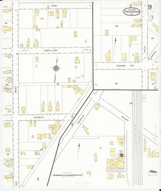 Sanborn Fire Insurance Map from Harrington, Kent County, Delaware (1919), Sheet #0009 - Historic Sanborn Fire Insurance Map Print, vintage old map wall art, antique decor, genealogy gift, Delaware Delaware map