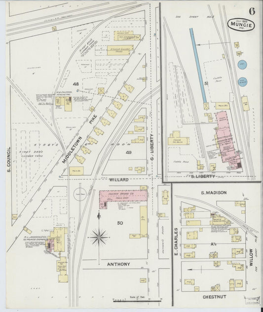Sanborn Fire Insurance Map from Muncie, Delaware County, Indiana (1889), Sheet #0006 - Historic Sanborn Fire Insurance Map Print, vintage old map wall art, antique decor, genealogy gift, Muncie Delaware map