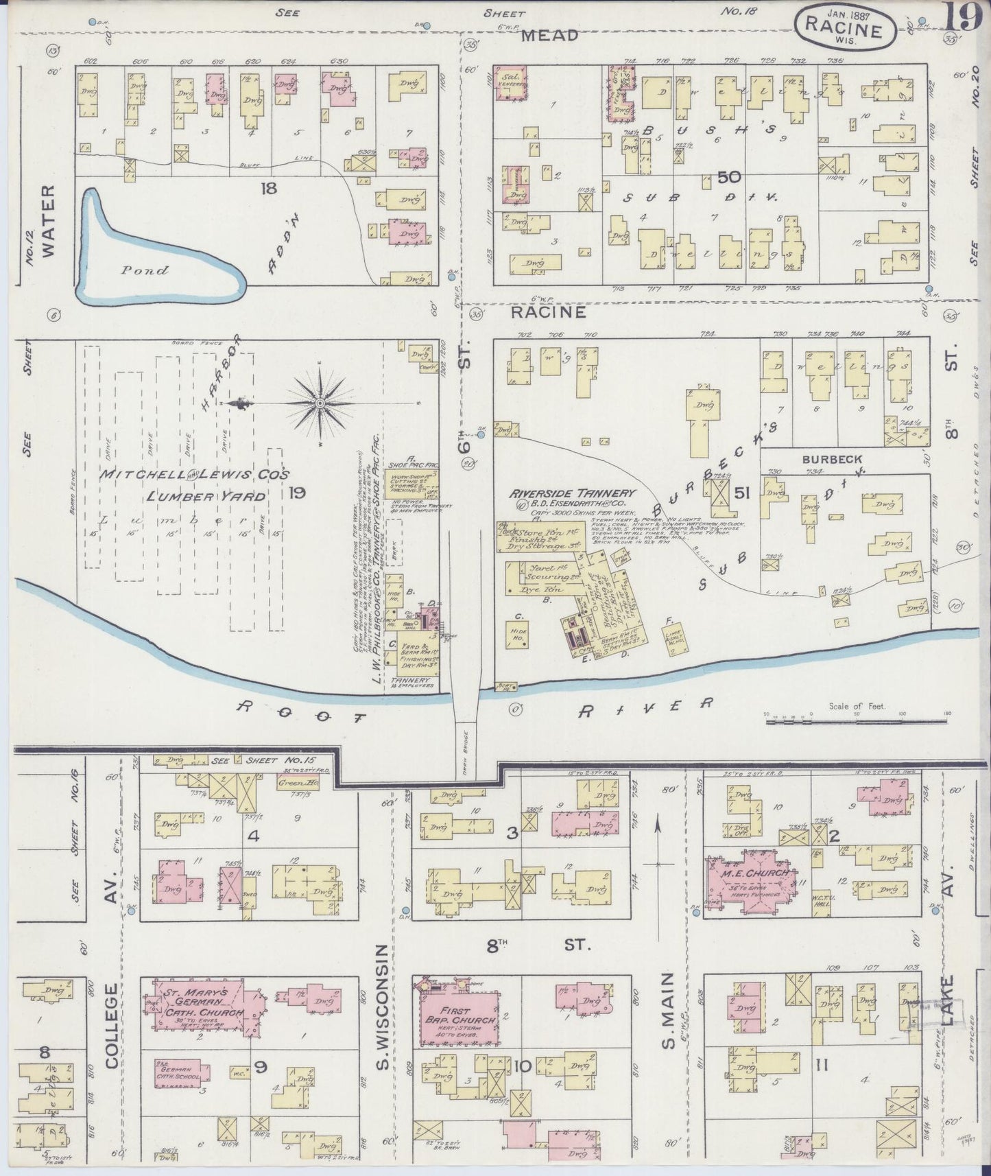 Sanborn Fire Insurance Map from Racine, Racine County, Wisconsin (1887), Sheet #0019 - Historic Sanborn Fire Insurance Map Print, vintage old map wall art, antique decor, genealogy gift, Wisconsin Wisconsin map