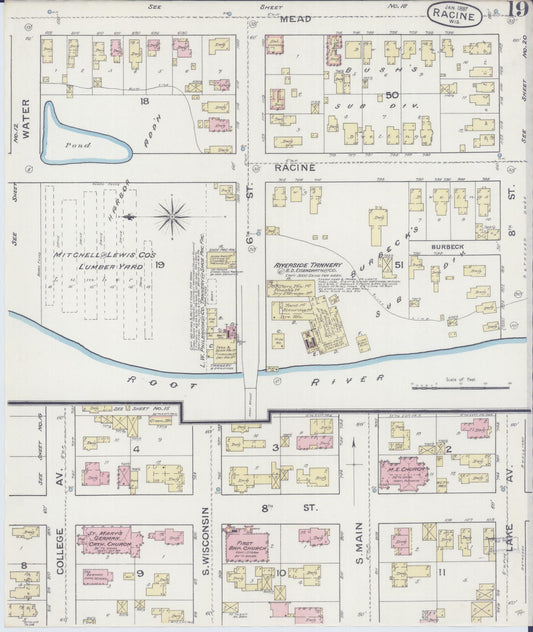 Sanborn Fire Insurance Map from Racine, Racine County, Wisconsin (1887), Sheet #0019 - Historic Sanborn Fire Insurance Map Print, vintage old map wall art, antique decor, genealogy gift, Wisconsin Wisconsin map