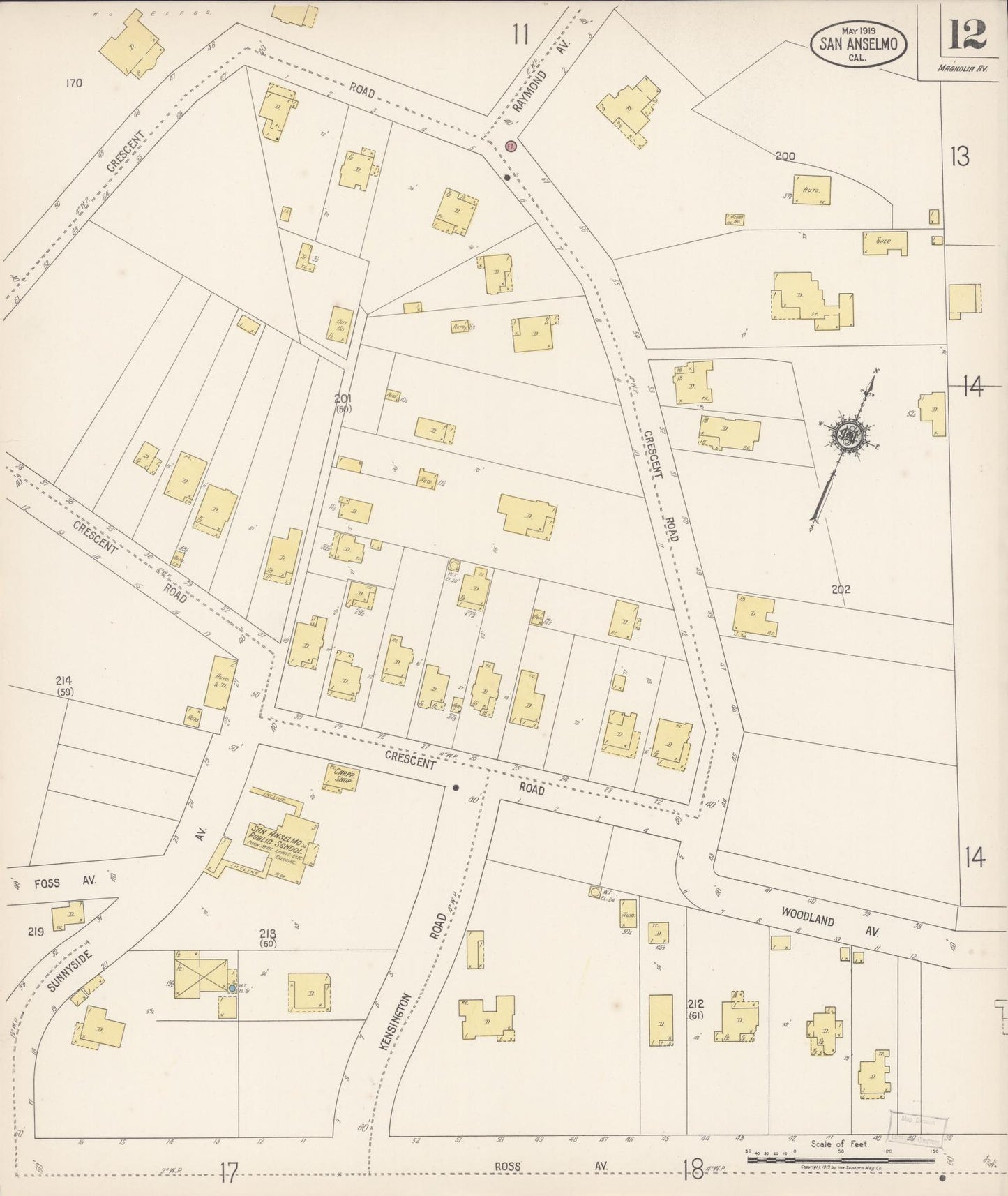 Sanborn Fire Insurance Map from San Anselmo, Marin County, California (1919), Sheet #0012 - Complete Map Set gallery image, historic Sanborn map, vintage wall art, California California