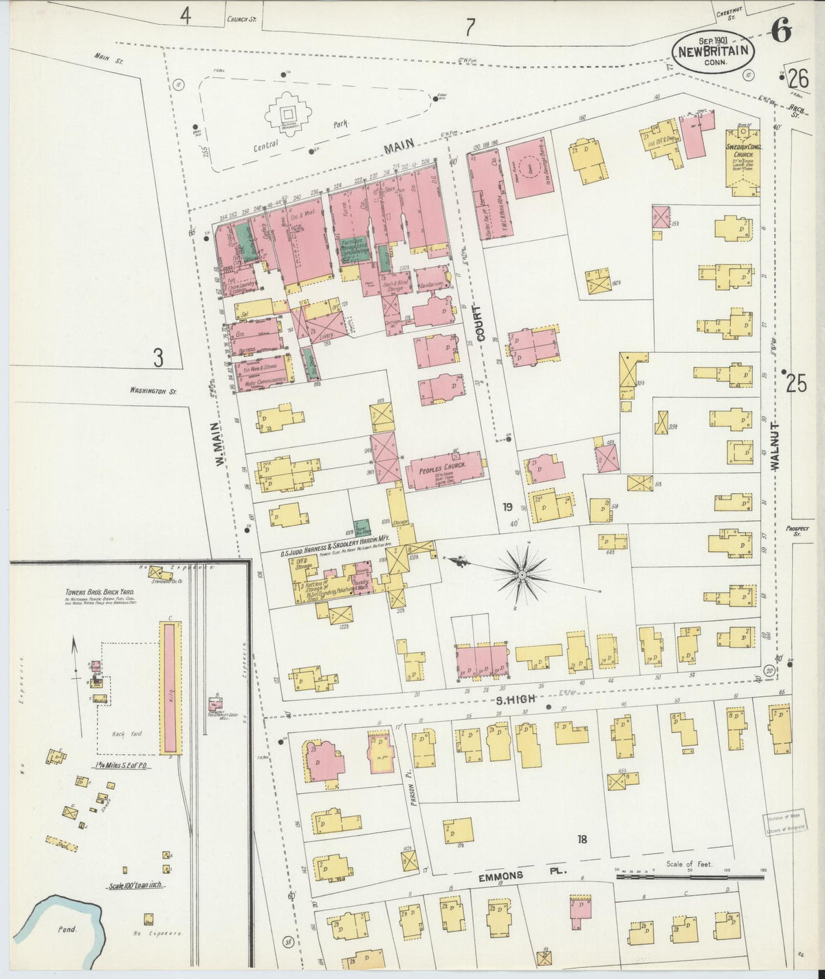 Sanborn Fire Insurance Map from New Britain, Hartford County, Connecticut (1901), Sheet #0006 - Historic Sanborn Fire Insurance Map Print, vintage old map wall art, antique decor, genealogy gift, Connecticut Connecticut map