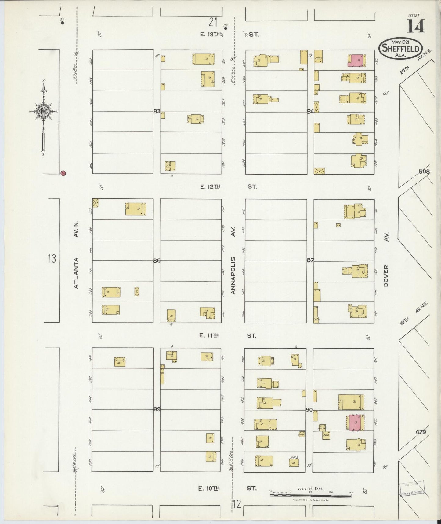 Sanborn Fire Insurance Map from Sheffield, Colbert County, Alabama (1921), Sheet #0014 - Historic Sanborn Fire Insurance Map Print, vintage old map wall art, antique decor, genealogy gift, Alabama Alabama map