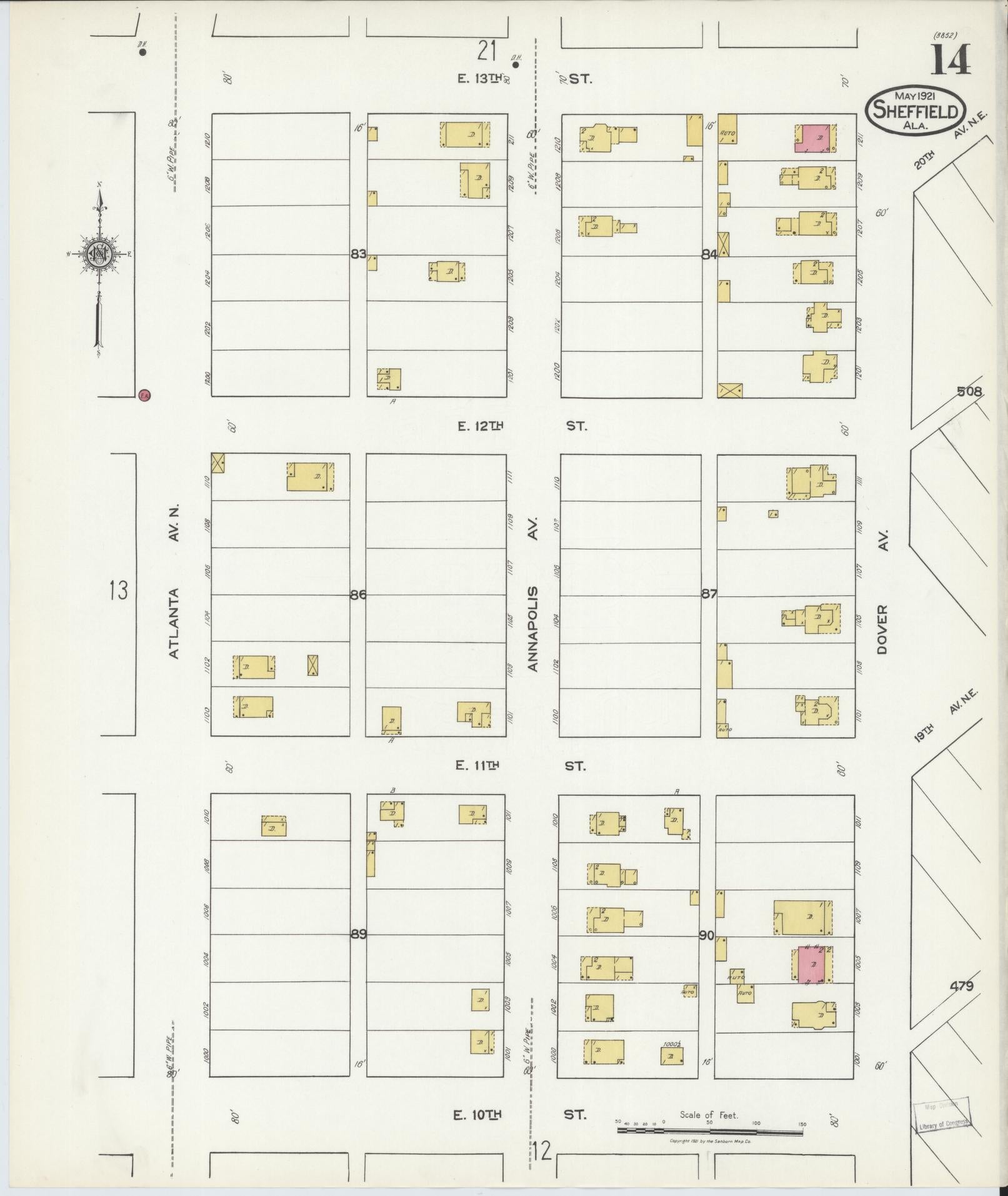 Sanborn Fire Insurance Map from Sheffield, Colbert County, Alabama (1921), Sheet #0014 - Historic Sanborn Fire Insurance Map Print, vintage old map wall art, antique decor, genealogy gift, Alabama Alabama map