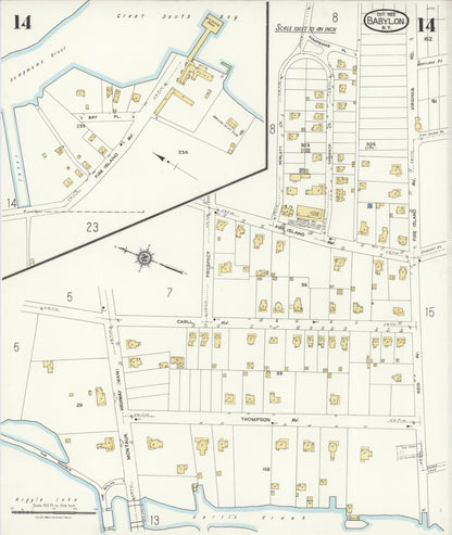 Sanborn Fire Insurance Map from Babylon, Suffolk County, New York (1923), Sheet #0014 - Historic Sanborn Fire Insurance Map Print, vintage old map wall art, antique decor, genealogy gift, New York New York map