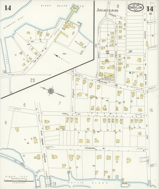 Sanborn Fire Insurance Map from Babylon, Suffolk County, New York (1923), Sheet #0014 - Historic Sanborn Fire Insurance Map Print, vintage old map wall art, antique decor, genealogy gift, New York New York map