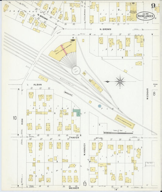Sanborn Fire Insurance Map from Rhinelander, Oneida County, Wisconsin (1908), Sheet #0009 - Historic Sanborn Fire Insurance Map Print, vintage old map wall art, antique decor, genealogy gift, Wisconsin Wisconsin map