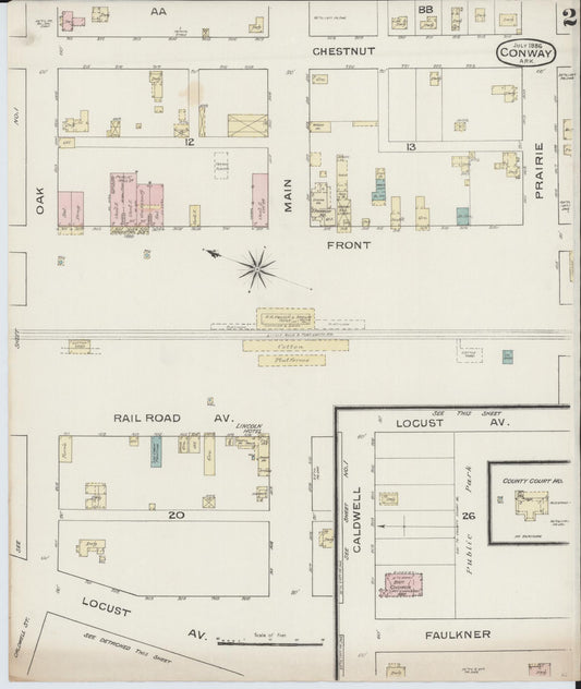Sanborn Fire Insurance Map from Conway, Faulkner County, Arkansas (1886), Sheet #0002 - Historic Sanborn Fire Insurance Map Print, vintage old map wall art, antique decor, genealogy gift, Arkansas Arkansas map