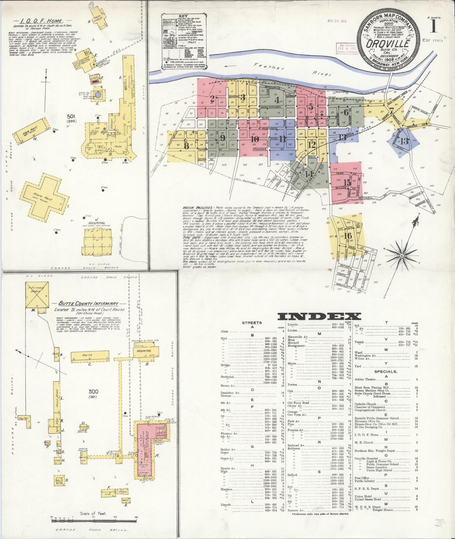 Sanborn Fire Insurance Map from Oroville, Butte County, California (1909), Sheet #0001 - Complete Map Set gallery image, historic Sanborn map, vintage wall art, California California