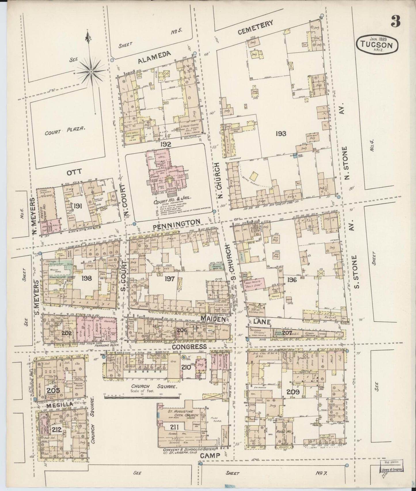 Sanborn Fire Insurance Map from Tucson, Pima County, Arizona (1889), Sheet #0003 - Historic Sanborn Fire Insurance Map Print, vintage old map wall art, antique decor, genealogy gift, Arizona Arizona map