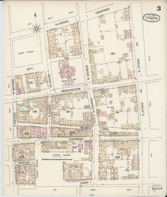 Sanborn Fire Insurance Map from Tucson, Pima County, Arizona (1889), Sheet #0003 - Historic Sanborn Fire Insurance Map Print, vintage old map wall art, antique decor, genealogy gift, Arizona Arizona map