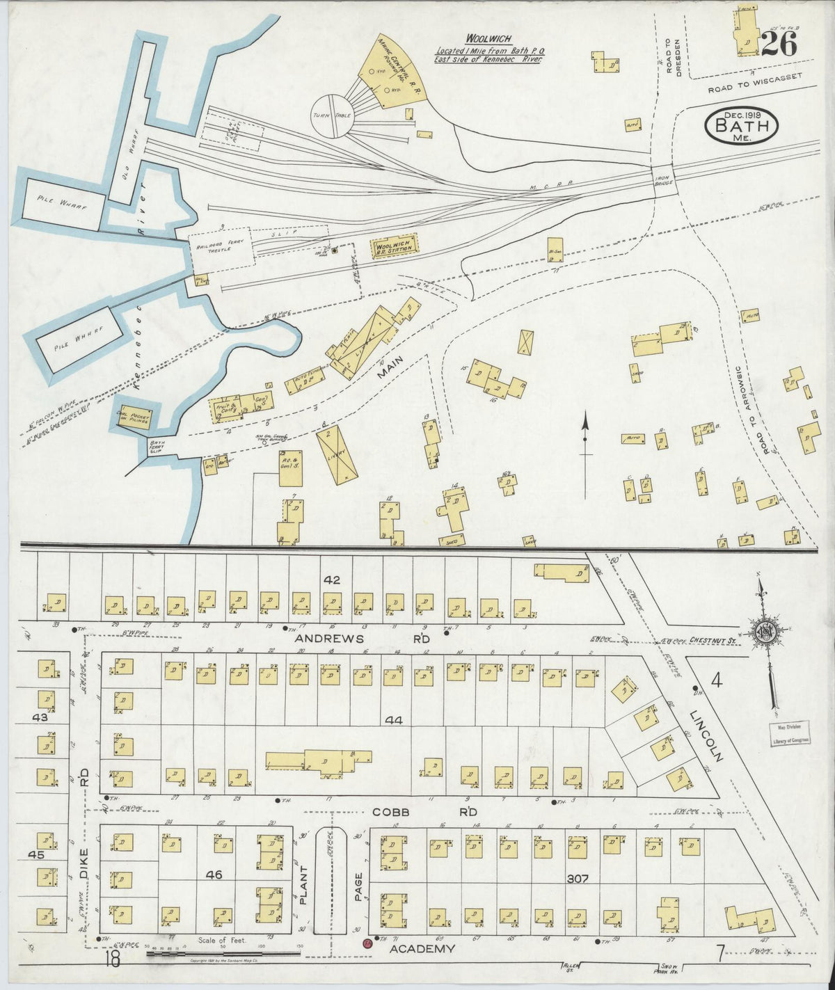 Sanborn Fire Insurance Map from Bath, Sagadahoc County, Maine (1919), Sheet #0026 - Historic Sanborn Fire Insurance Map Print, vintage old map wall art, antique decor, genealogy gift, Maine Maine map