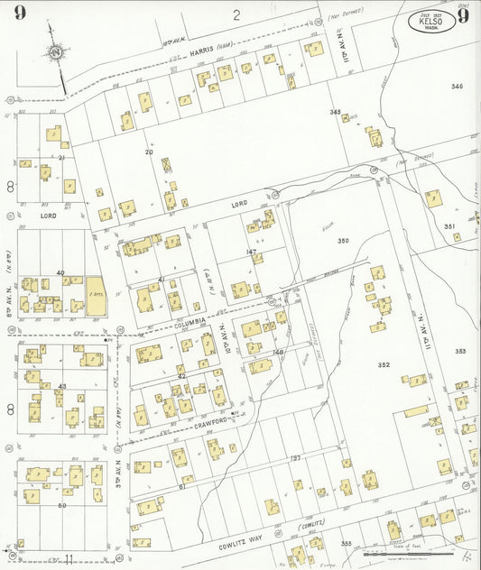 Sanborn Fire Insurance Map from Kelso, Cowlitz County, Washington (1927), Sheet #0009 - Historic Sanborn Fire Insurance Map Print, vintage old map wall art, antique decor, genealogy gift, Washington Washington map