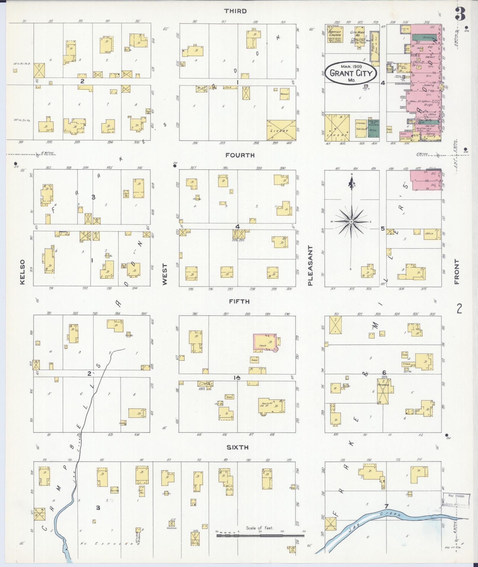 Sanborn Fire Insurance Map from Grant City, Worth County, Missouri (1909), Sheet #0003 - Historic Sanborn Fire Insurance Map Print, vintage old map wall art, antique decor, genealogy gift, Missouri Missouri map