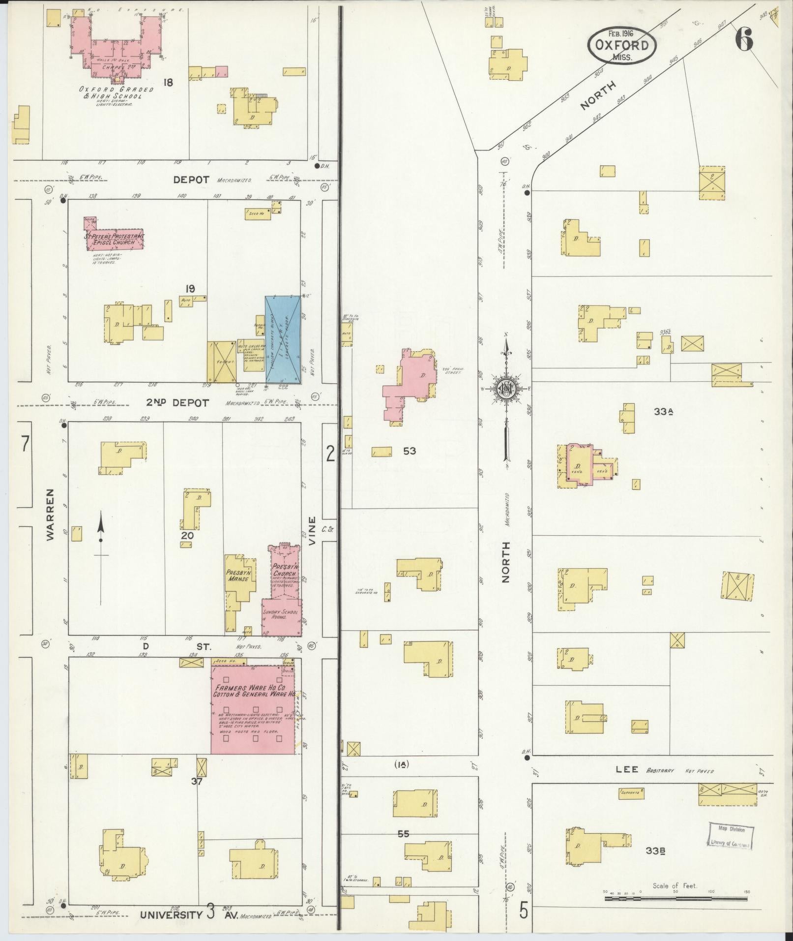 Sanborn Fire Insurance Map from Oxford, Lafayette County, Mississippi (1916), Sheet #0006 - Complete Map Set gallery image, historic Sanborn map, vintage wall art, Mississippi Mississippi