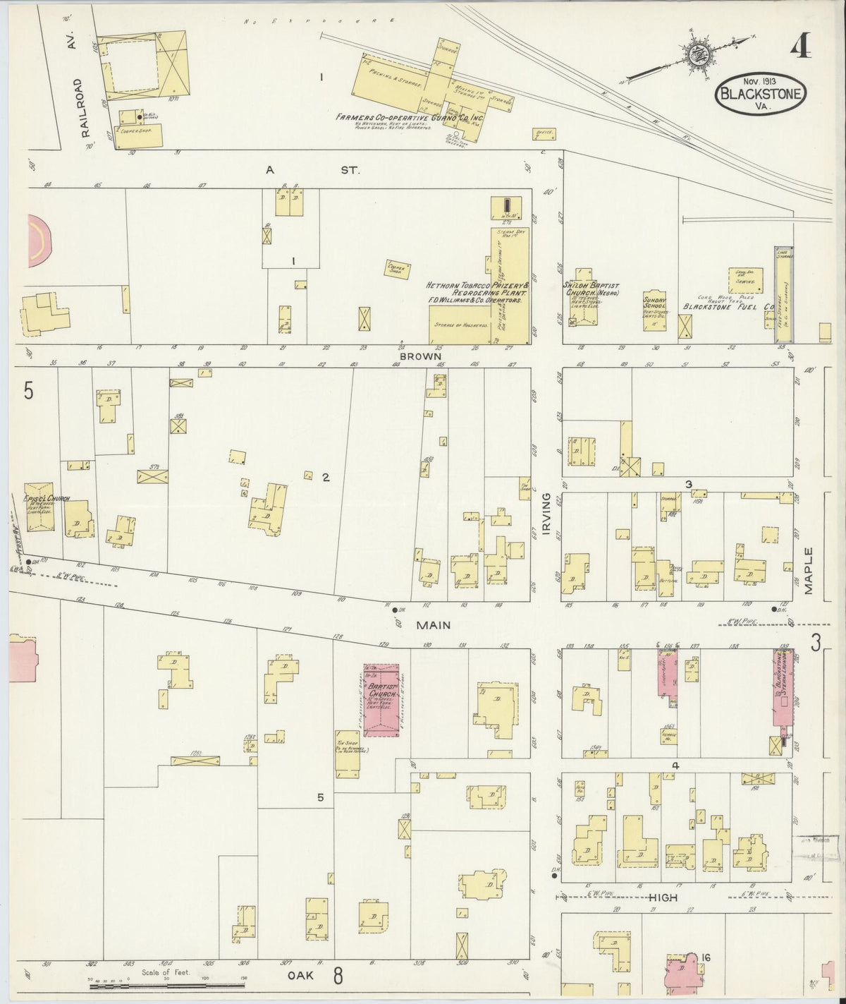 Sanborn Fire Insurance Map from Blackstone, Nottoway County, Virginia (1913), Sheet #0004 - Complete Map Set gallery image, historic Sanborn map, vintage wall art, Virginia Virginia