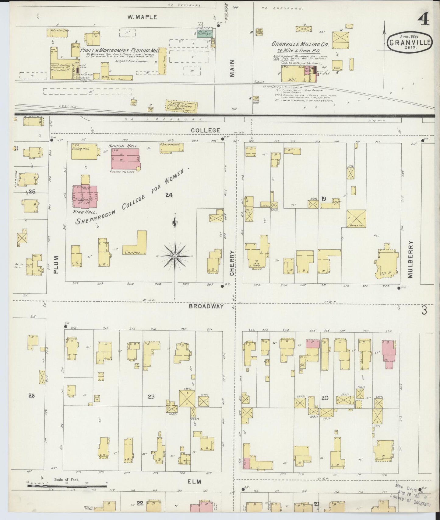 Sanborn Fire Insurance Map from Granville, Licking County, Ohio (1896), Sheet #0004 - Complete Map Set gallery image, historic Sanborn map, vintage wall art, Ohio Ohio