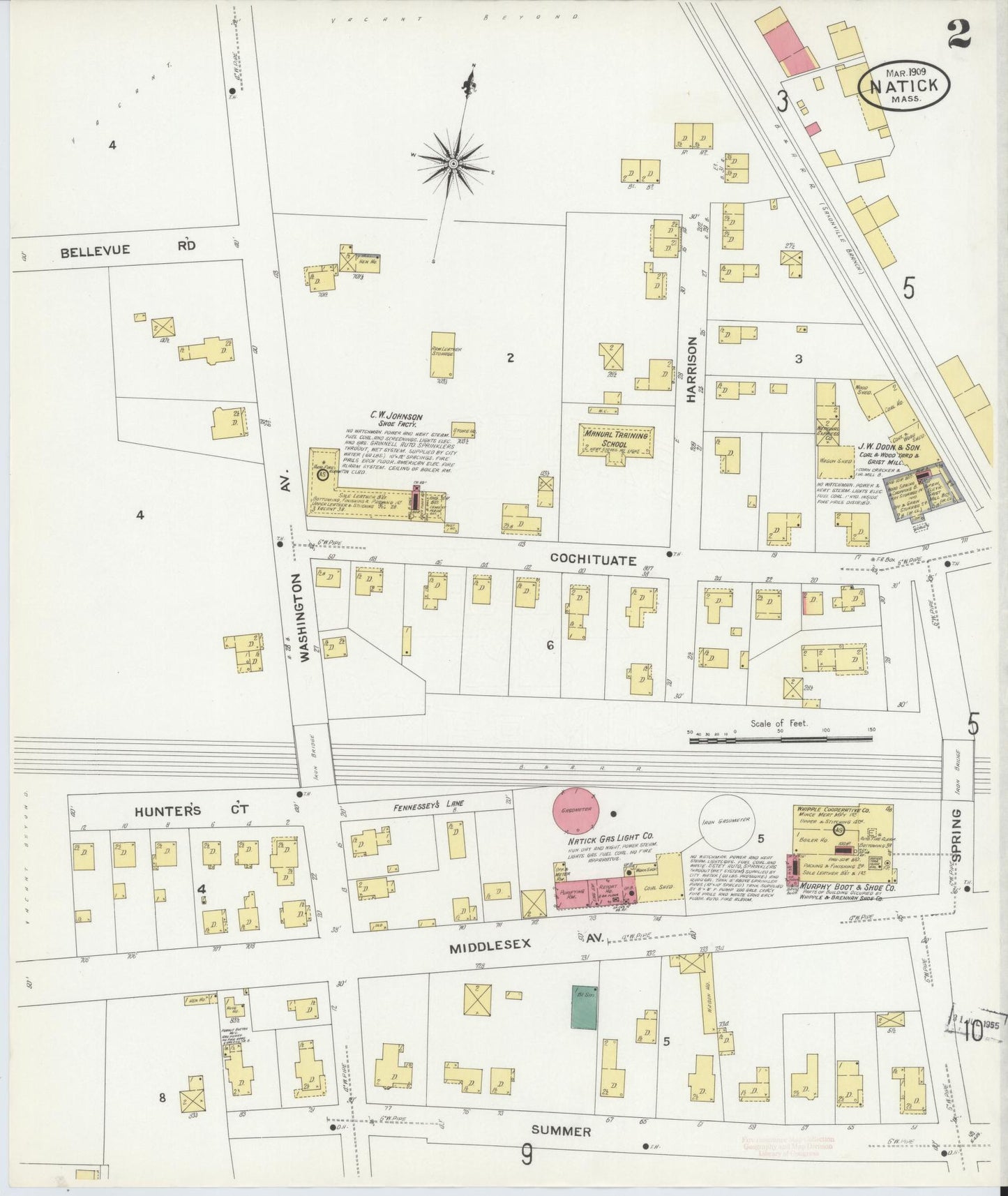 Sanborn Fire Insurance Map from Natick, Middlesex County, Massachusetts (1909), Sheet #0002 - Historic Sanborn Fire Insurance Map Print, vintage old map wall art, antique decor, genealogy gift, Massachusetts Massachusetts map