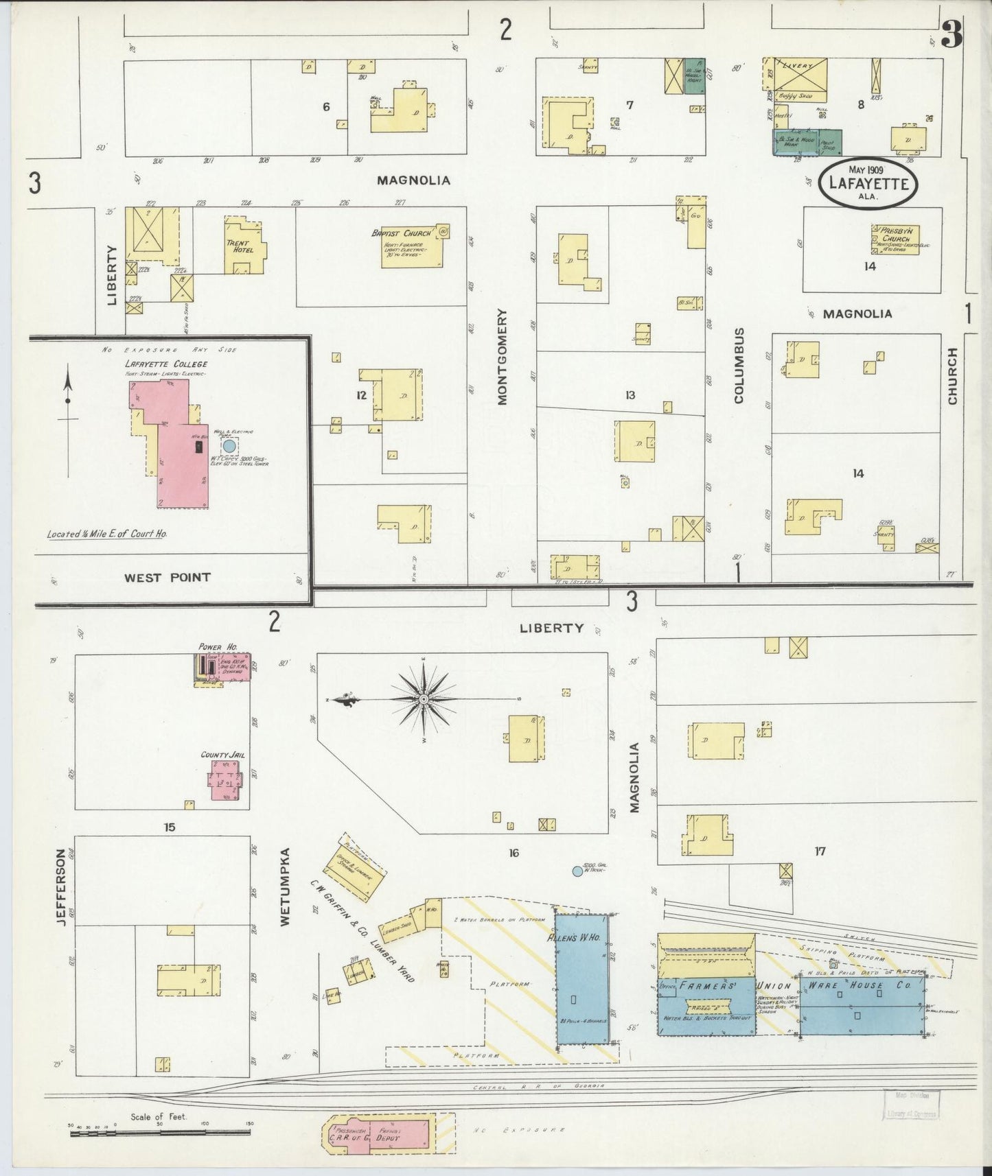 Sanborn Fire Insurance Map from Lafayette, Chambers County, Alabama (1909), Sheet #0003 - Historic Sanborn Fire Insurance Map Print, vintage old map wall art, antique decor, genealogy gift, Alabama Alabama map