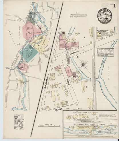 Sanborn Fire Insurance Map from Adams, Berkshire County, Massachusetts (1884), Sheet #0001 - Historic Sanborn Fire Insurance Map Print, vintage old map wall art, antique decor, genealogy gift, Massachusetts Massachusetts map