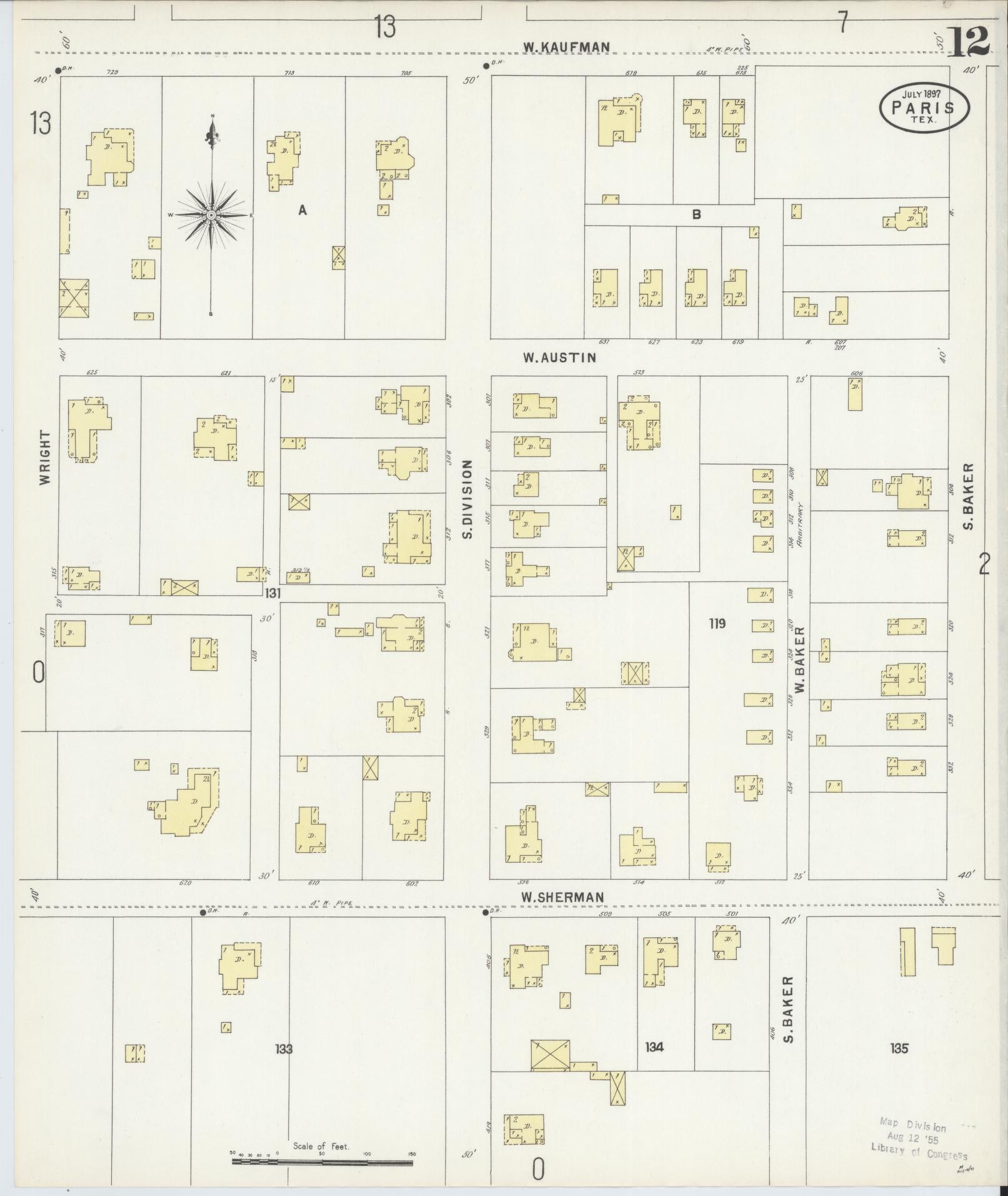 Sanborn Fire Insurance Map from Paris, Lamar County, Texas (1897), Sheet #0012 - Historic Sanborn Fire Insurance Map Print, vintage old map wall art, antique decor, genealogy gift, Texas Texas map