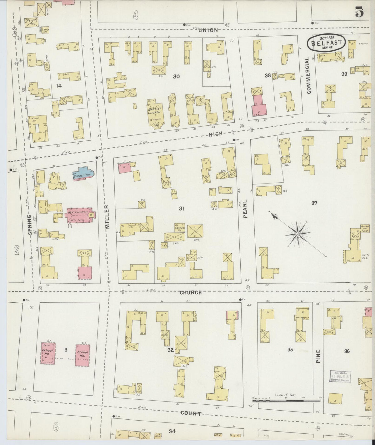 Sanborn Fire Insurance Map from Belfast, Waldo County, Maine (1895), Sheet #0005 - Historic Sanborn Fire Insurance Map Print, vintage old map wall art, antique decor, genealogy gift, Maine Maine map