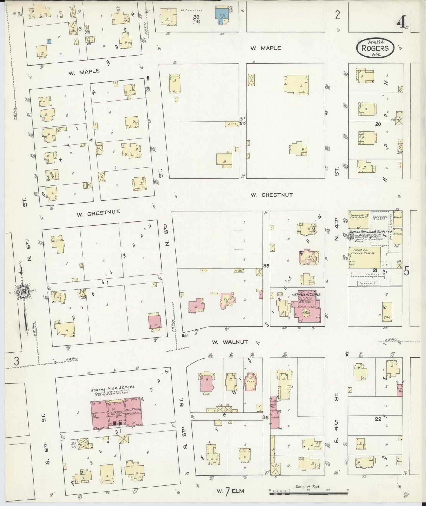 Sanborn Fire Insurance Map from Rogers, Benton County, Arkansas (1914), Sheet #0004 - Historic Sanborn Fire Insurance Map Print, vintage old map wall art, antique decor, genealogy gift, Arkansas Arkansas map