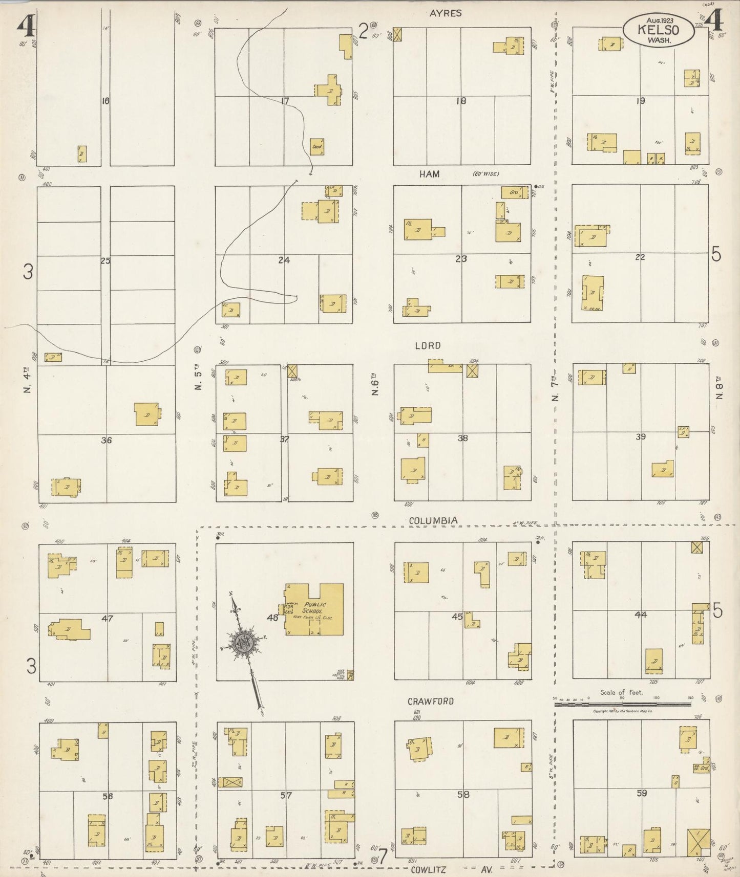 Sanborn Fire Insurance Map from Kelso, Cowlitz County, Washington (1923), Sheet #0004 - Complete Map Set gallery image, historic Sanborn map, vintage wall art, Washington Washington