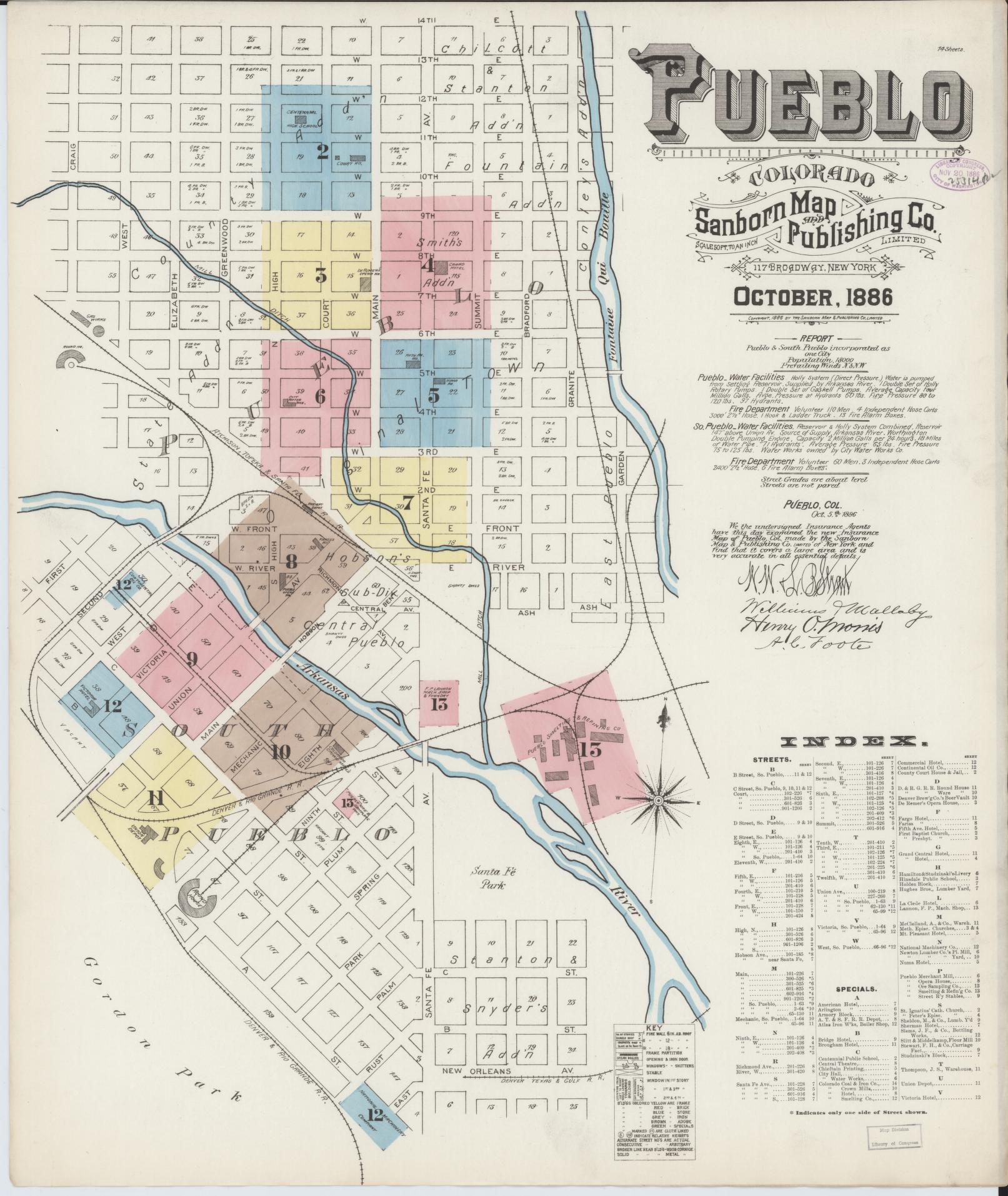 Sanborn Fire Insurance Map from Pueblo, Pueblo County, Colorado (1886), Sheet #0001 - Historic Sanborn Fire Insurance Map Print, vintage old map wall art, antique decor, genealogy gift, Colorado Colorado map