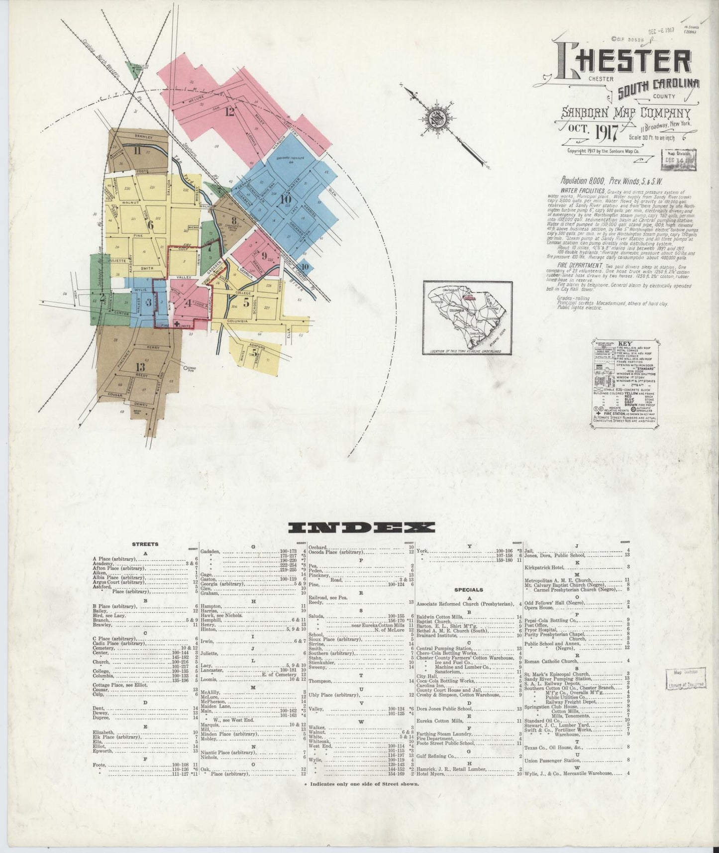 Sanborn Fire Insurance Map from Chester, Chester County, South Carolina (1917), Sheet #0001 - Historic Sanborn Fire Insurance Map Print, vintage old map wall art, antique decor, genealogy gift, South Carolina South Carolina map