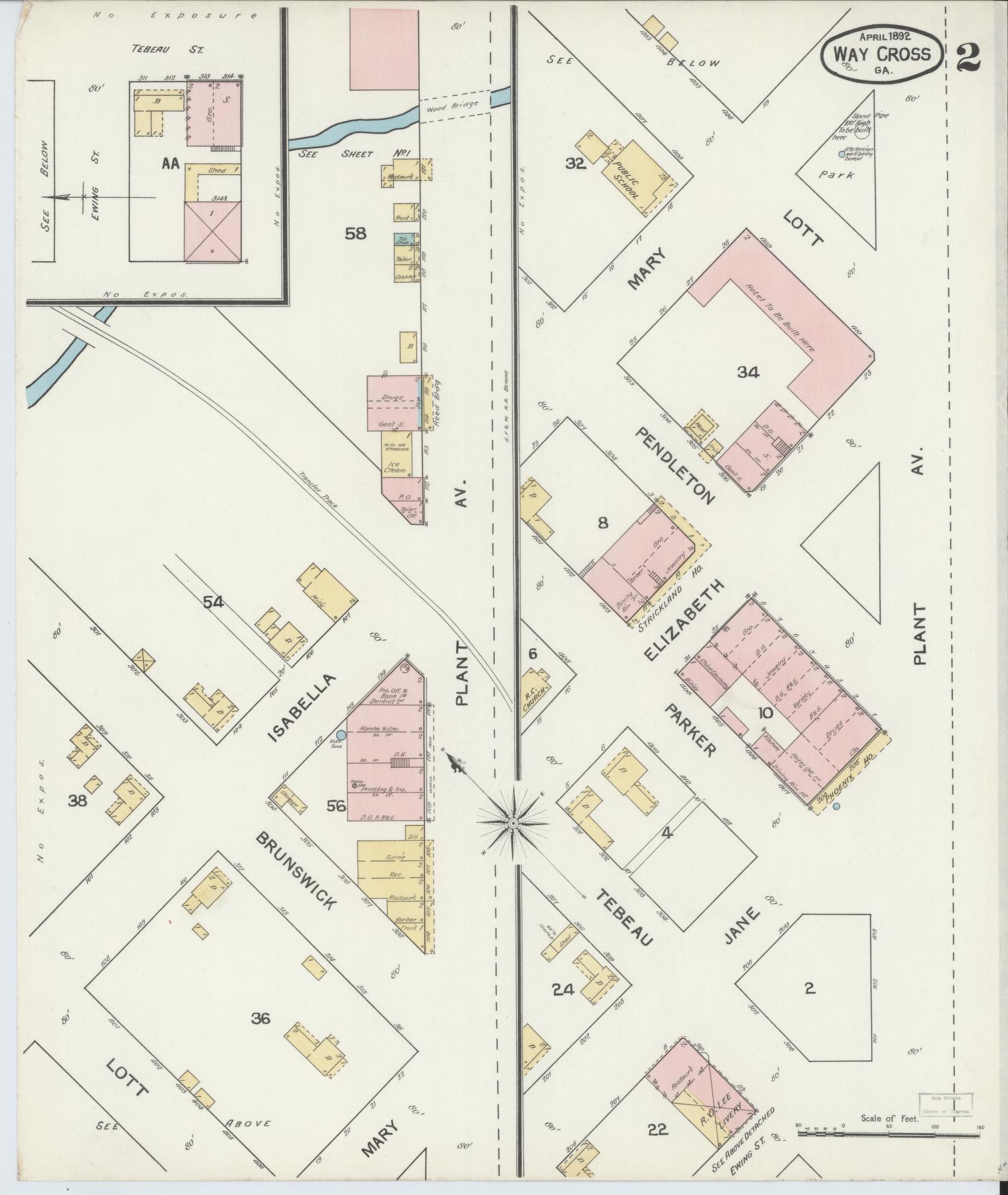Sanborn Fire Insurance Map from Waycross, Ware County, Georgia (1892), Sheet #0002 - Complete Map Set gallery image, historic Sanborn map, vintage wall art, Georgia Georgia