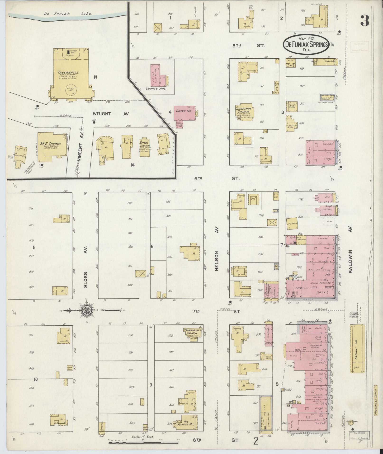 Sanborn Fire Insurance Map from De Funiak Springs, Walton County, Florida (1912), Sheet #0003 - Historic Sanborn Fire Insurance Map Print, vintage old map wall art, antique decor, genealogy gift, Florida Florida map