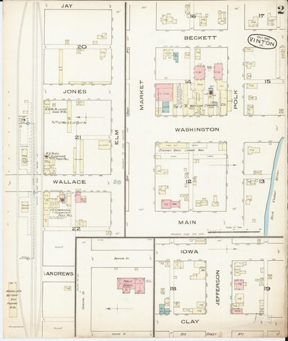 Sanborn Fire Insurance Map from Vinton, Benton County, Iowa (1885), Sheet #0002 - Historic Sanborn Fire Insurance Map Print, vintage old map wall art