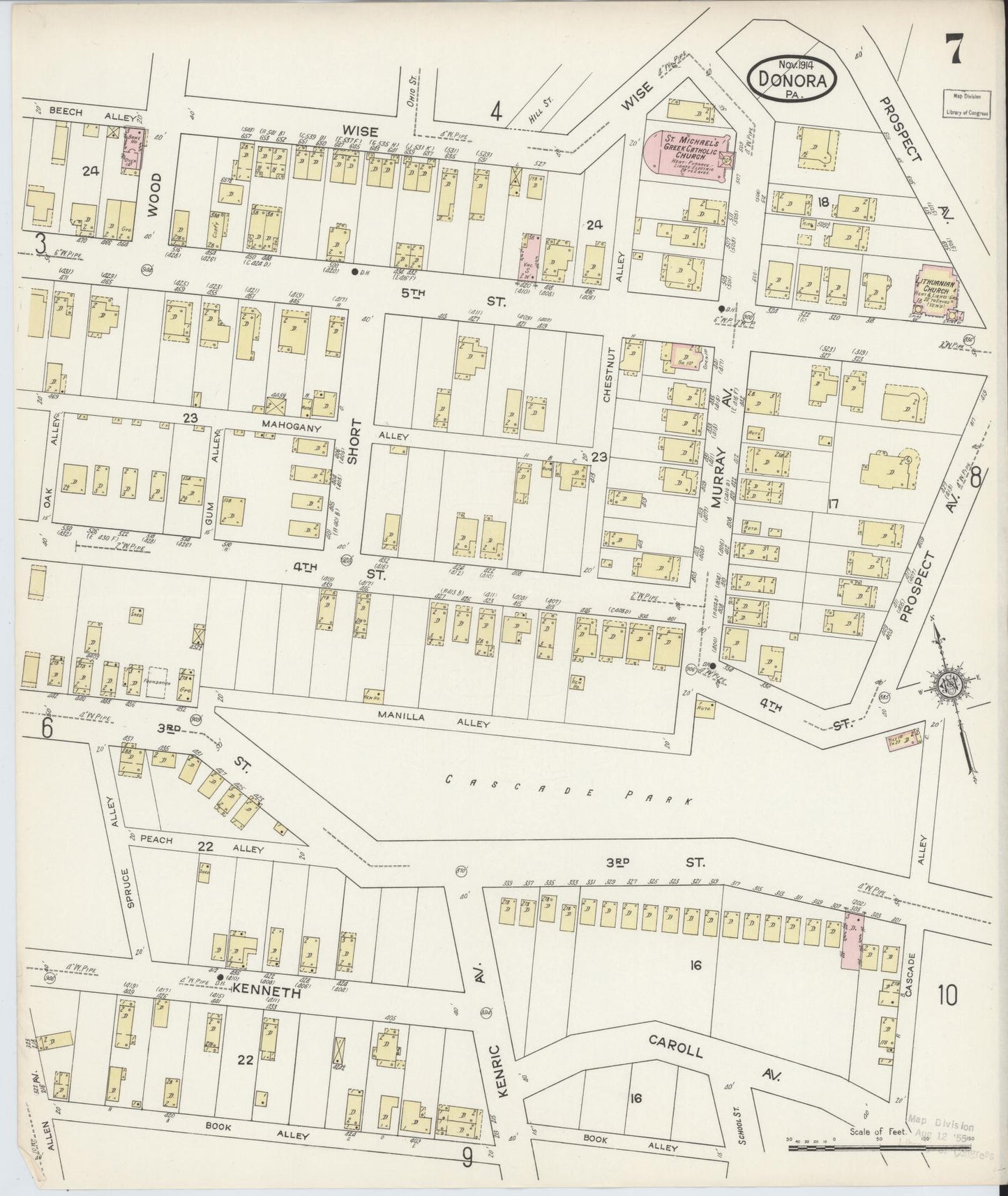 Sanborn Fire Insurance Map from Donora, Washington County, Pennsylvania (1914), Sheet #0007 - Historic Sanborn Fire Insurance Map Print, vintage old map wall art, antique decor, genealogy gift, Pennsylvania Pennsylvania map