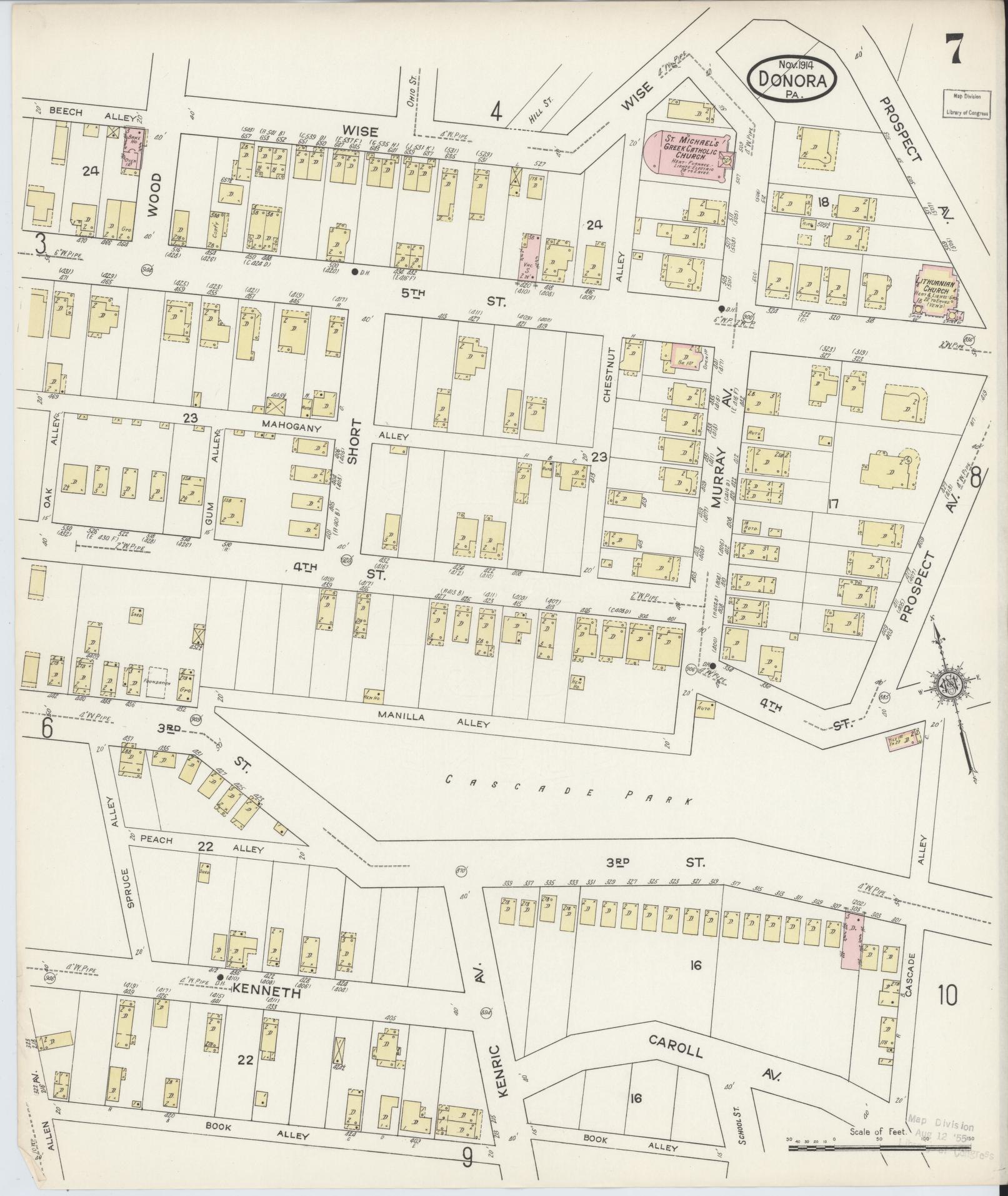 Sanborn Fire Insurance Map from Donora, Washington County, Pennsylvania (1914), Sheet #0007 - Historic Sanborn Fire Insurance Map Print, vintage old map wall art, antique decor, genealogy gift, Pennsylvania Pennsylvania map