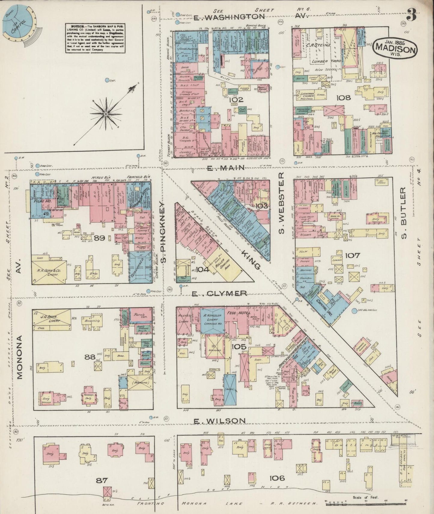 Sanborn Fire Insurance Map from Madison, Dane County, Wisconsin (1885), Sheet #0003 - Historic Sanborn Fire Insurance Map Print, vintage old map wall art, antique decor, genealogy gift, Wisconsin Wisconsin map