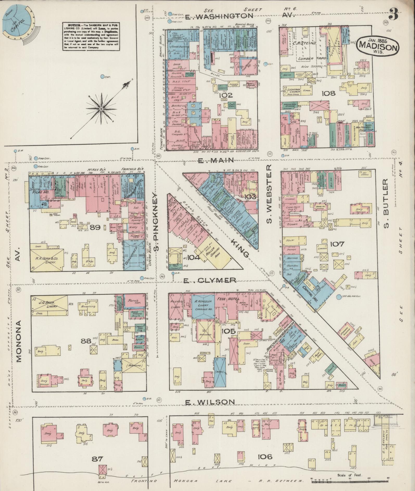 Sanborn Fire Insurance Map from Madison, Dane County, Wisconsin (1885), Sheet #0003 - Historic Sanborn Fire Insurance Map Print, vintage old map wall art, antique decor, genealogy gift, Wisconsin Wisconsin map