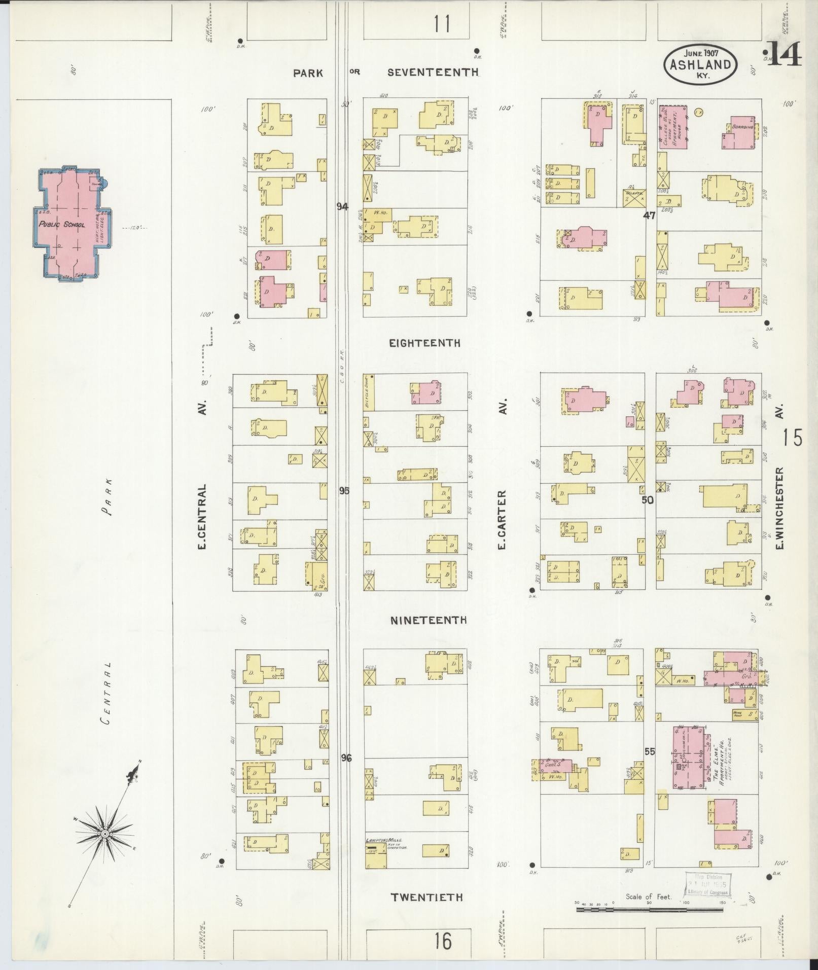 Sanborn Fire Insurance Map from Ashland, Boyd County, Kentucky (1907), Sheet #0014 - Historic Sanborn Fire Insurance Map Print, vintage old map wall art, antique decor, genealogy gift, Kentucky Kentucky map