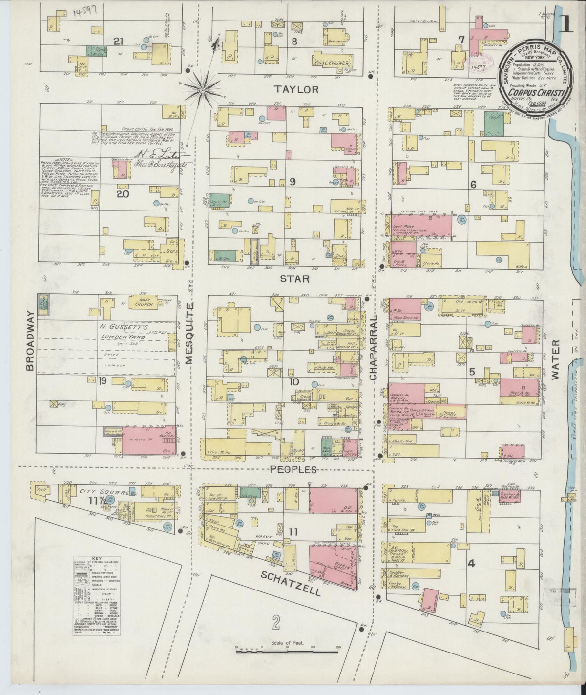 Sanborn Fire Insurance Map from Corpus Christi, Nueces County, Texas (1894), Sheet #0001 - Complete Map Set gallery image, historic Sanborn map, vintage wall art, Texas Texas