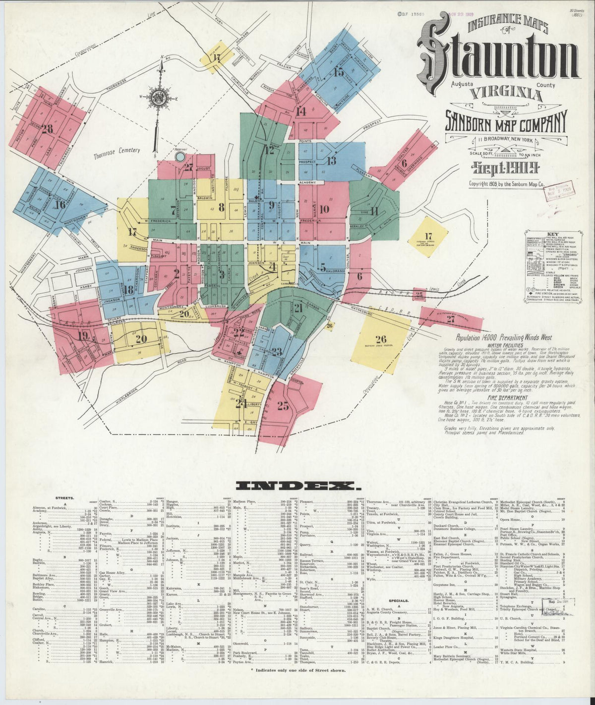 Sanborn Fire Insurance Map from Staunton, Independent Cities, Virginia (1909), Sheet #0001 - Historic Sanborn Fire Insurance Map Print, vintage old map wall art, antique decor, genealogy gift, Virginia Virginia map