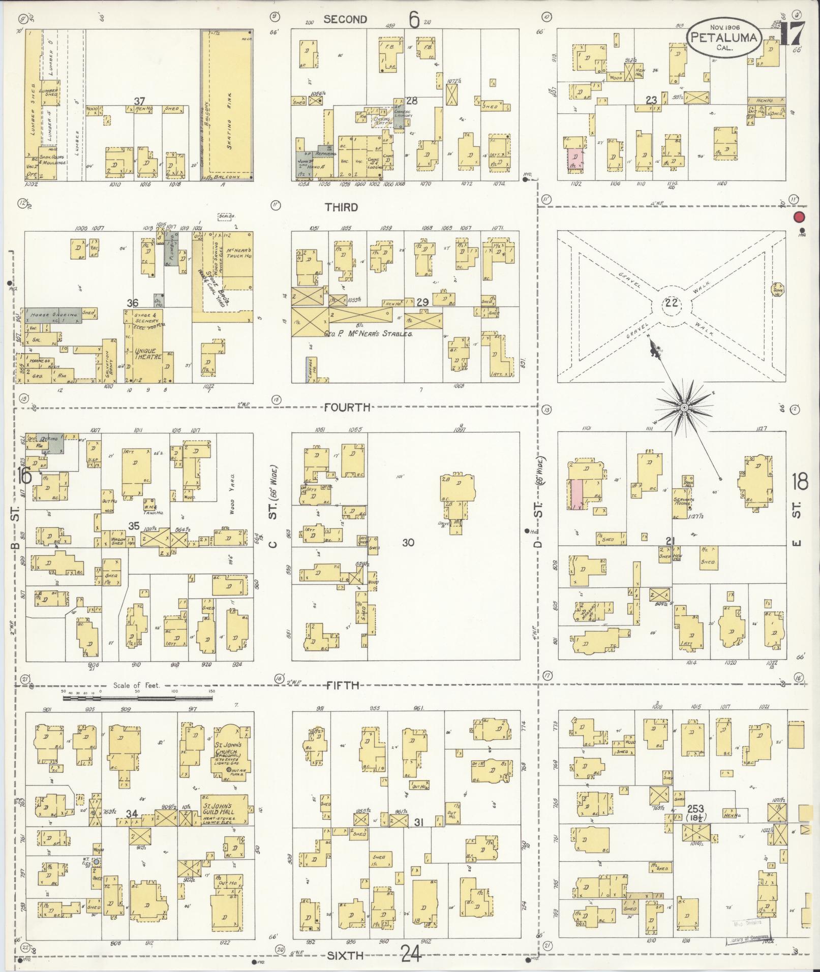 Sanborn Fire Insurance Map from Petaluma, Sonoma County, California (1906), Sheet #0017 - Complete Map Set gallery image, historic Sanborn map, vintage wall art, California California