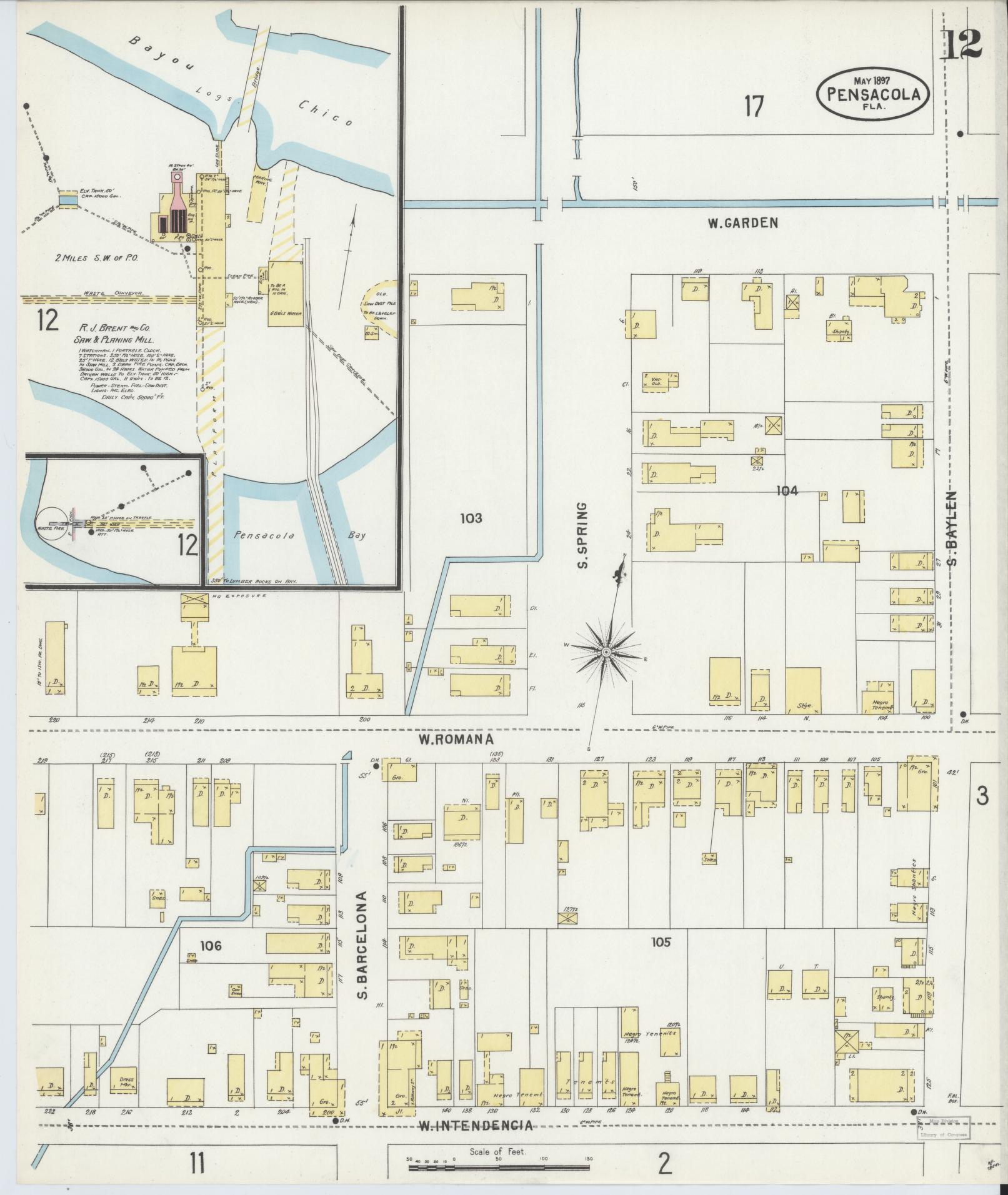 Sanborn Fire Insurance Map from Pensacola, Escambia County, Florida (1897), Sheet #0012 - Complete Map Set gallery image, historic Sanborn map, vintage wall art, Florida Florida