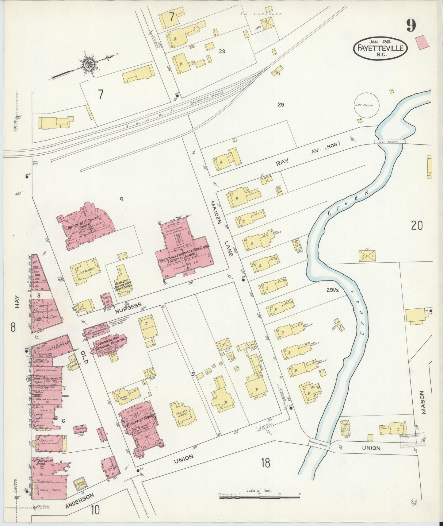 Sanborn Fire Insurance Map from Fayetteville, Cumberland County, North Carolina (1914), Sheet #0009 - Complete Map Set gallery image, historic Sanborn map, vintage wall art, North Carolina North Carolina